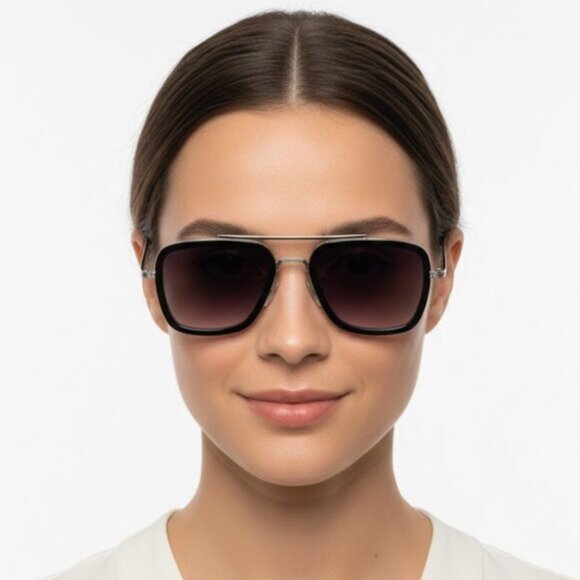 Unisex Black/Silver Aviator Square Sunglasses Medium - Picture 1 of 9